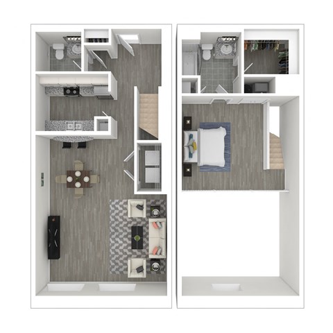 a stylized floor plan with a bedroom and a living room